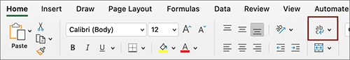 Screenshot of the Home tab in Excel. The Wrap Text dropdown is highlighted with a garnet box.