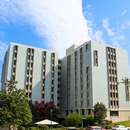 A front view of Bates House, a building with blue/grey bricks and windows lining the building in columns, with green trees in the foreground.