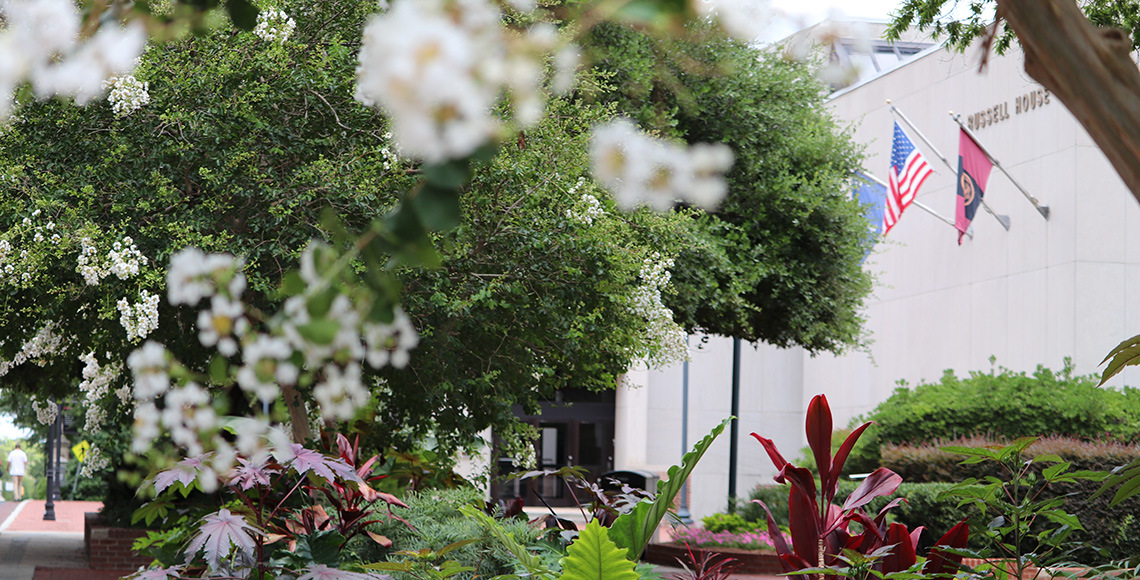 Picture of front of Rusell House, several plants and flowers visible.