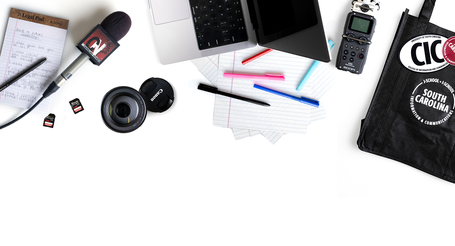 Various items related to the College of Information and Communications displayed on a white background. 