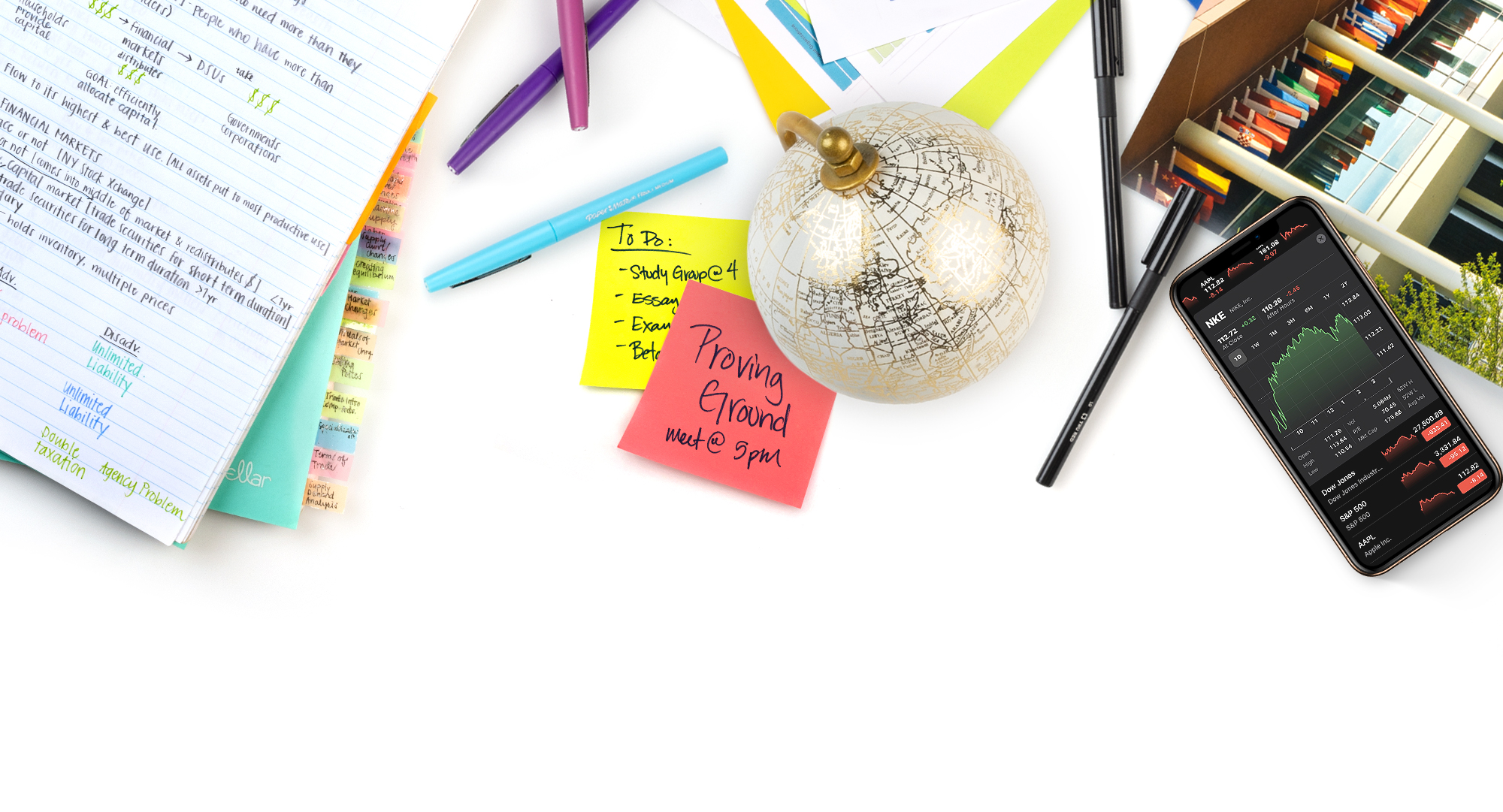 Various items representing the Darla Moore School of Business on a white background.