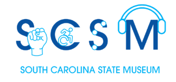 The South Carolina State Museum logo. The letters 'SCSM' with an icon of a power fist, an icon of a person using a wheelchair, and an icon of headphones.