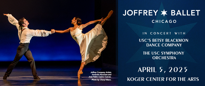 Joffrey Ballet male and female dancer on stage in performance on left with Joffrey Ballet logo and concert details on right against a blue background.