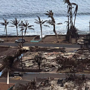 Destroyed homes and buildings in Lahaina on Aug. 10, 2023, in the aftermath of wildfires on western Maui, Hawaii. Patrick T. Fallon / AFP via Getty Images