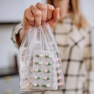 Person holding a plastic bag with medicinals inside, ready to dispose of. 