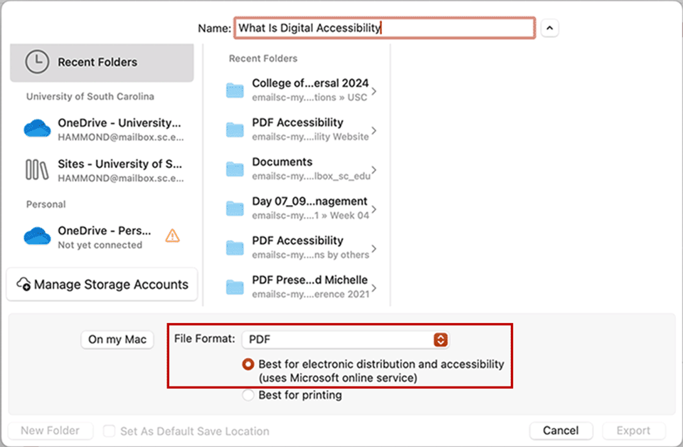 Screenshot of PowerPoint Mac version save dialog box highlighting the PDF file format option with "Best for electronic distribution and accessibility" option under the file format selected.