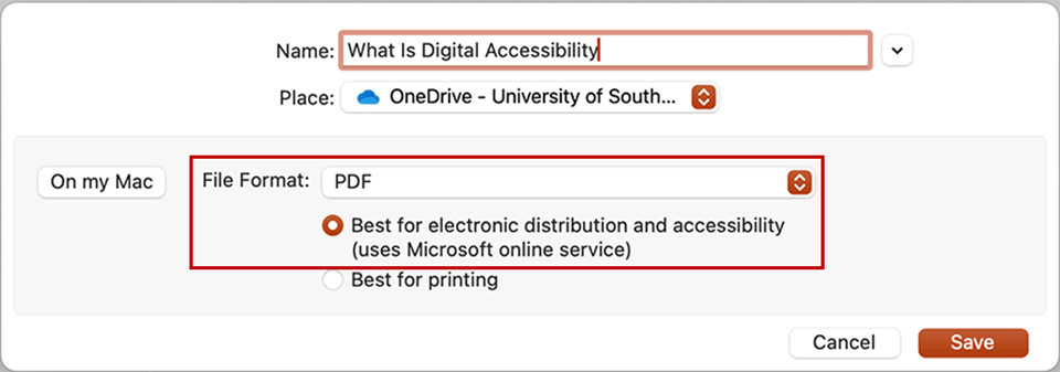 Screenshot of PowerPoint Mac version save dialog box highlighting the PDF file format option selected with red border around that and the "Best for electronic distribution and accessibility" selected under the file format option.