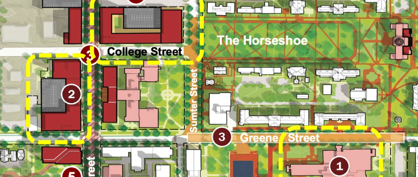 Map of the location of Main Street within Columbia, South Carolina.