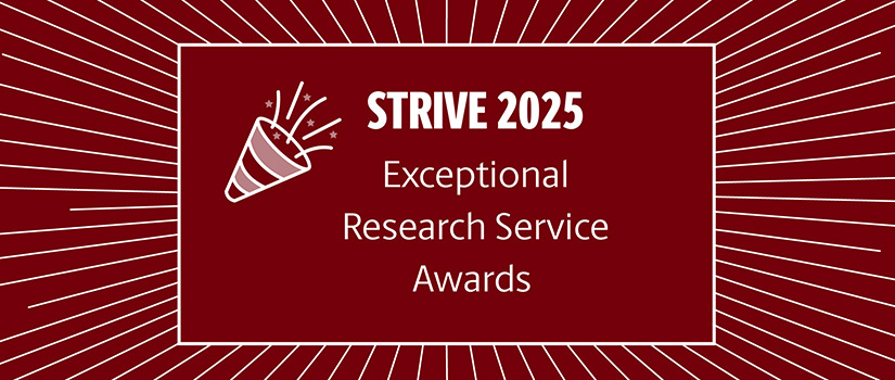 Garnet banner reading "Exceptional Research Service Awards" With a celebratory megaphone shooting confetti