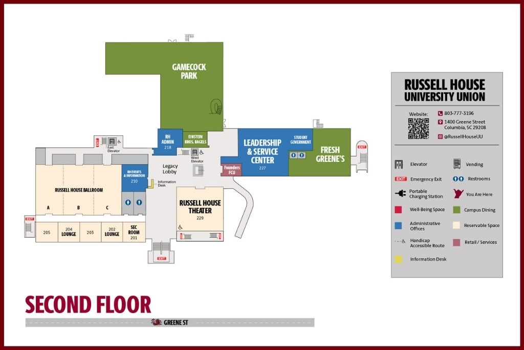Second floor RHUU map showing meeting rooms, ballroom, Gamecock Park, LSC, Fresh Greene's Einstein Bros., RH admin, Russell House theater, and Founders FCU with Garnet border. 