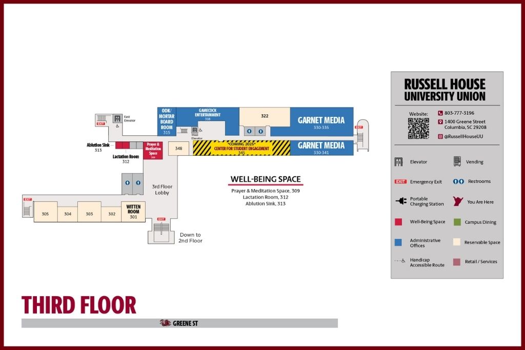 Third floor RH map showing meeting rooms, Prayer and meditation space, 3rd floor lobby, CSE, Garnet Media, Gamecock Entertainment, Lactation room, and Ablution sink with Garnet border. 