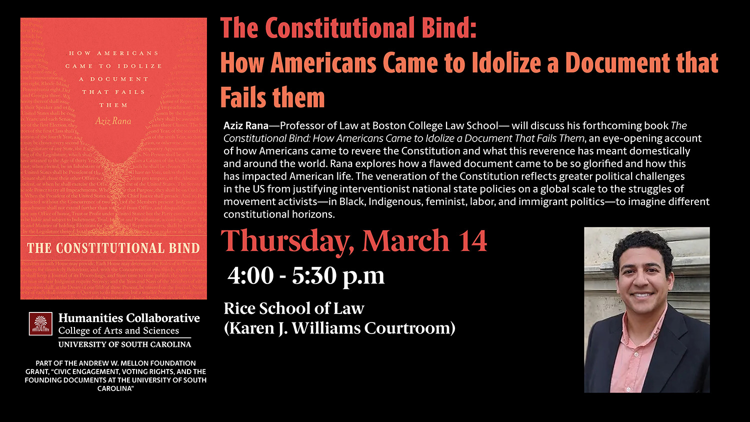 Digital Flyer for lecture by Aziz Rana