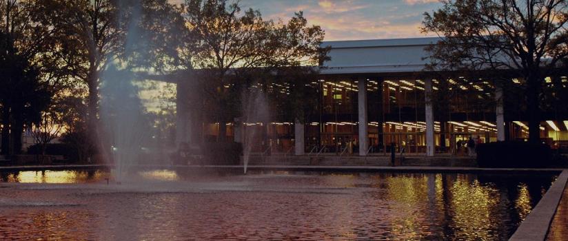fountain in front of library