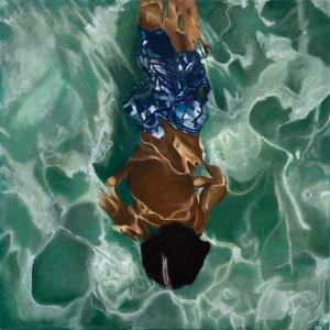 A painting of a person swimming under clear water