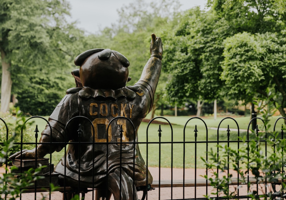 bronze statue of cocky sitting on a bench photographed from behind