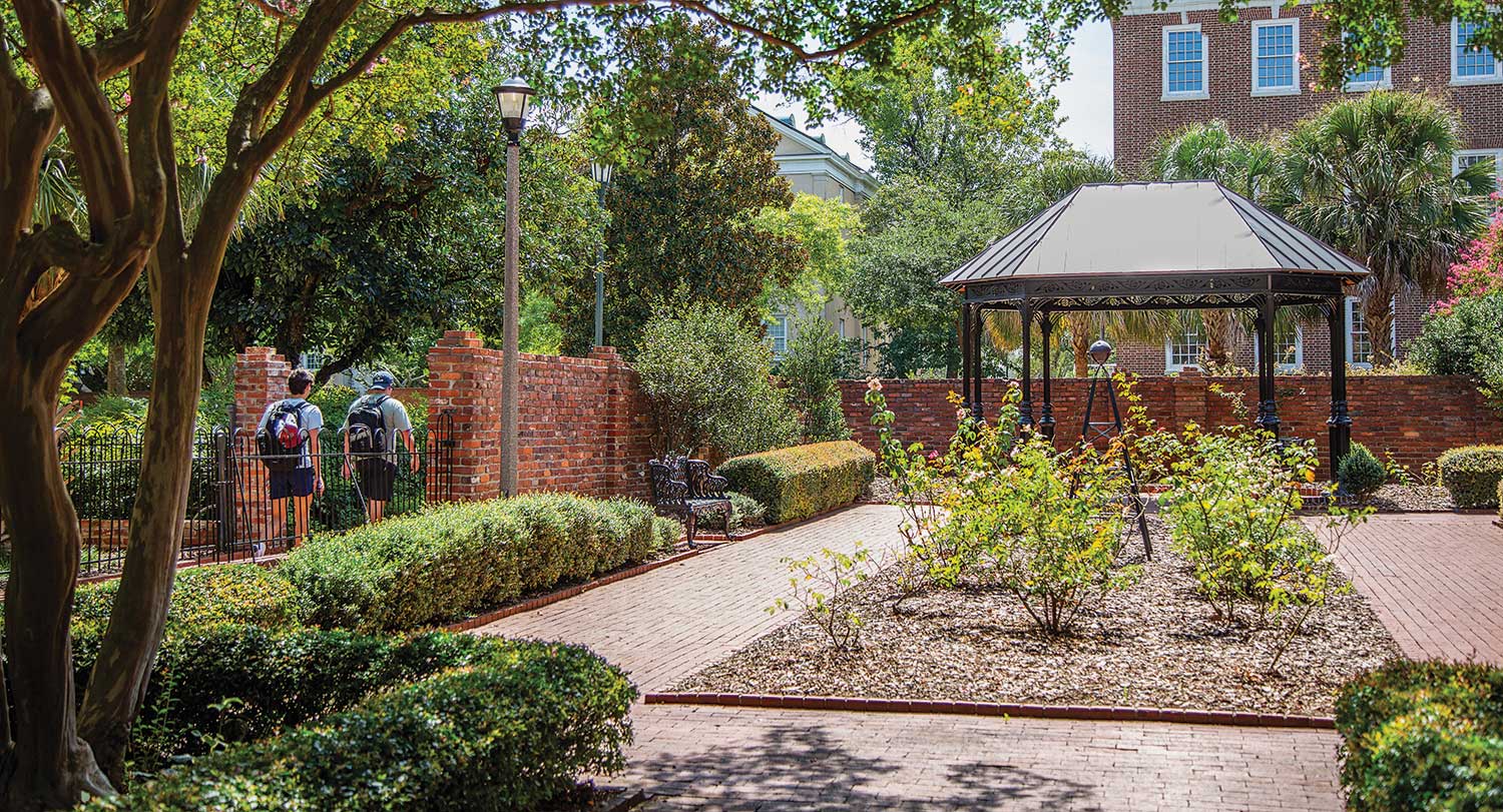 Located beside Lieber College, the refurbished garden features new plantings and hardscape, new lamp posts, a pergola and a copper-roofed gazebo to provide shade.