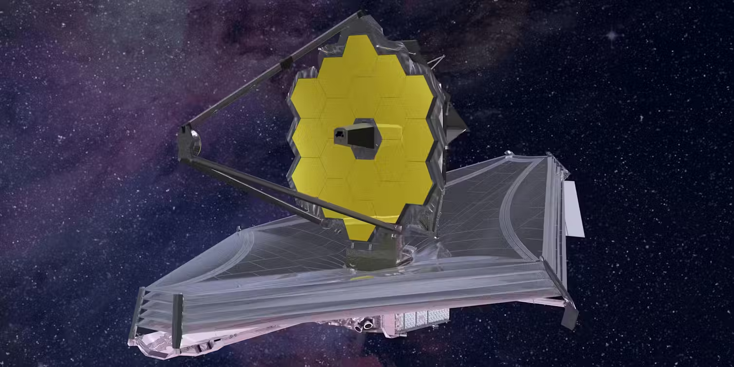 Artist's impression of the James Webb telescope, which has a hexagonal mirror made up of smaller hexagons, and sits on a rhombus-shaped spacecraft.