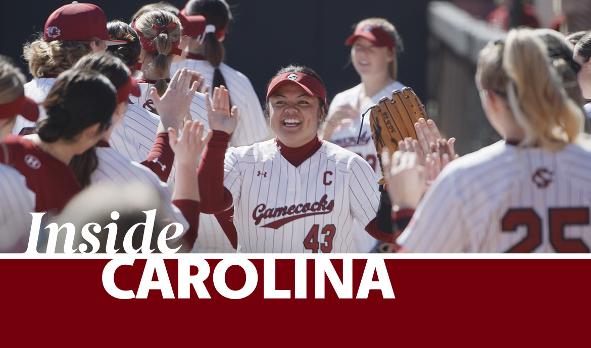 graphic that has a frame with the words Inside Carolina over an image of a softball player high-fiving her teammates