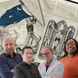 Four scholars smiling over background collage of historic documents