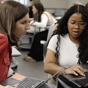 Two women work together on laptops.
